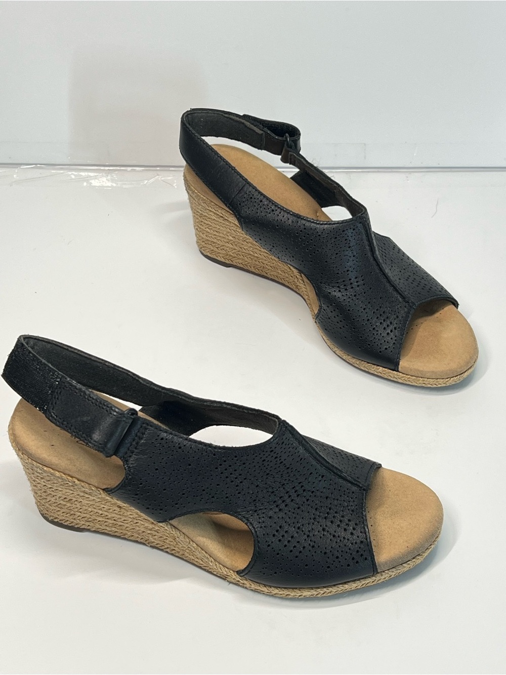 CLARKS 7 Black Perforated Leather Wedge Sandals Comfort Slingback Espadrille